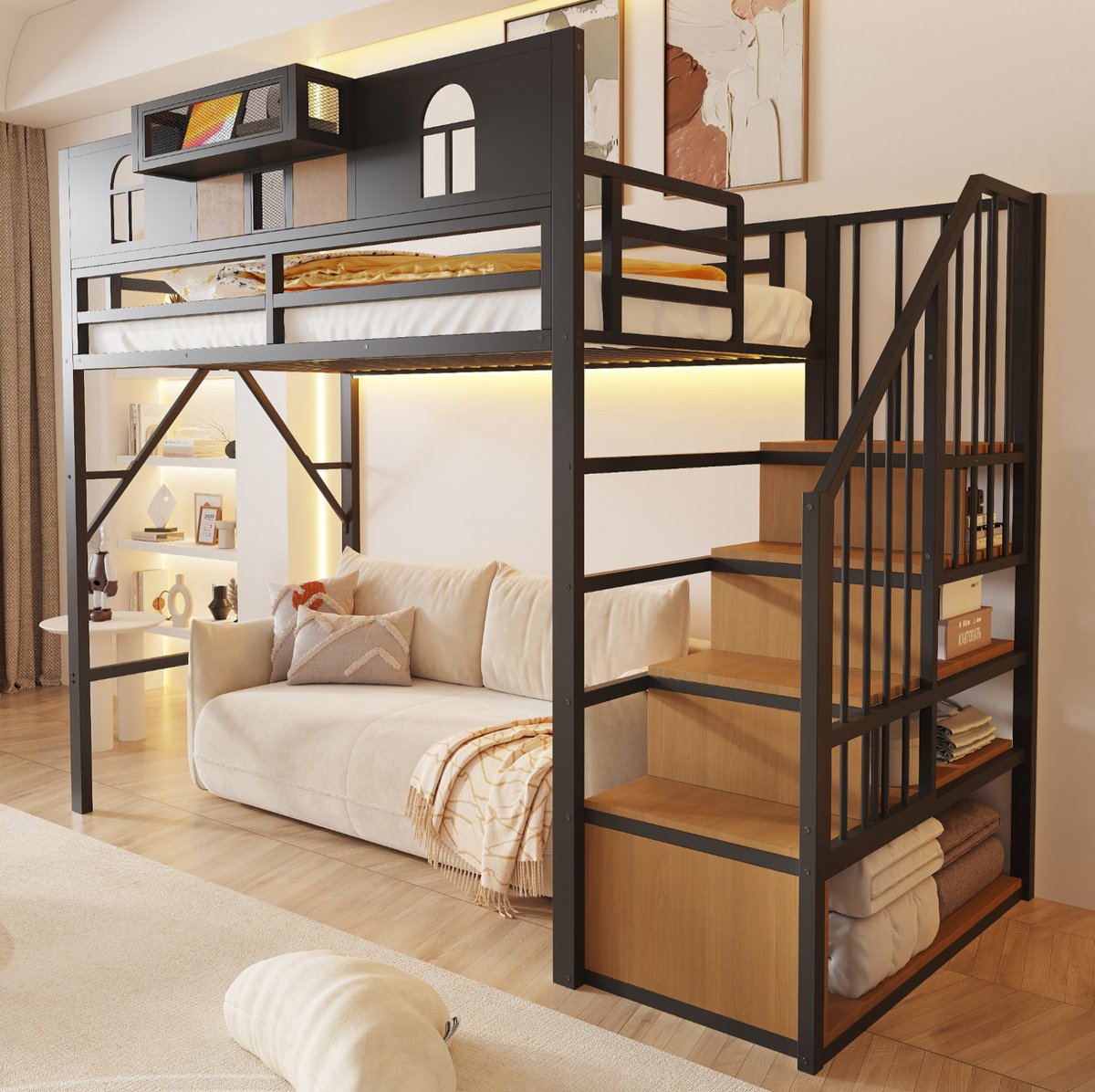 MIVRAY Hoogslaper 90 x 200 cm - Hoogslaper Met Opbergladder En Lichtstrip - Met Opbergruimte En Reling - Voor Jeugd En Kleine Ruimtes - Metaal En MDF - Zwart