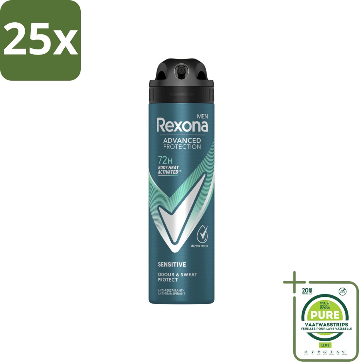 25 x Rexona Men - Deodorant Spray - Sensitive - Zachte Bescherming - 150 ml - Grootverpakking - Rexona Deodorant - Antitranspirant - Gevoelige Huid - Langdurige Bescherming - Alcoholvrij