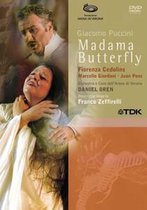 DVD hoes van Madama Butterfly met Fiorenza Cedolins en Marcello Giordani. Drie figuren in operakleding.