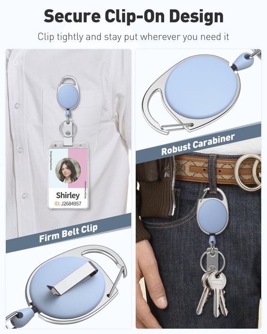 Set van 2 Uittrekbare Badge Reel voor Badgehouder, Stevige Sleutelhanger met RVS Veer, 24 Inch Nylon Touw en Carabiner Clip voor Sleutels en ID Kaarten — afbeelding 3
