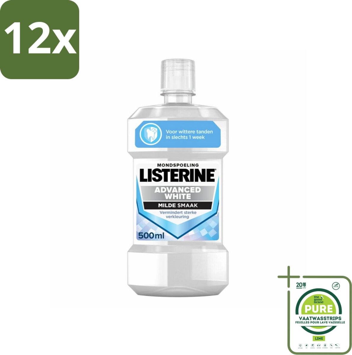 Listerine – Mondwater – Advanced White – Mild – 500 ml - Voordeelverpakking - 12 stuks - Wittere tanden - Mondspoeling