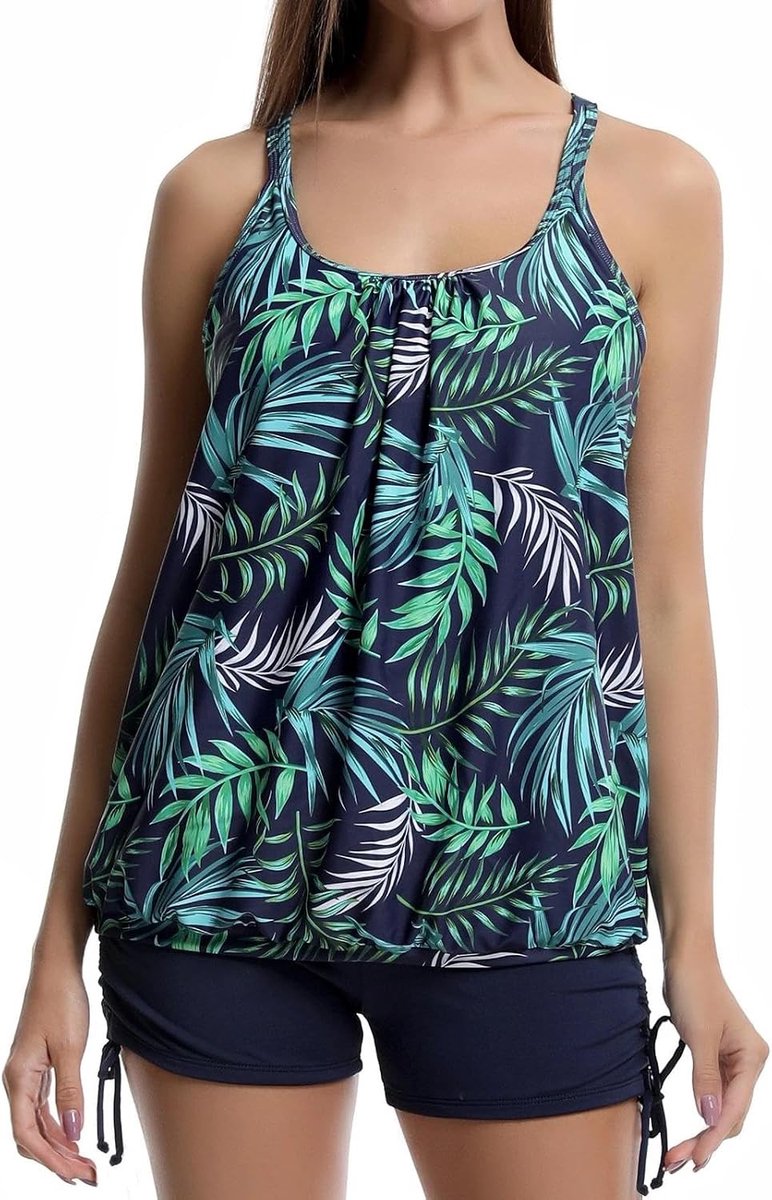Badpak voor Dames - Bladeren met Blauwe Shorts - Hoge Taille - Tweedelig Met Push-Up - Voor Strand en Zomer