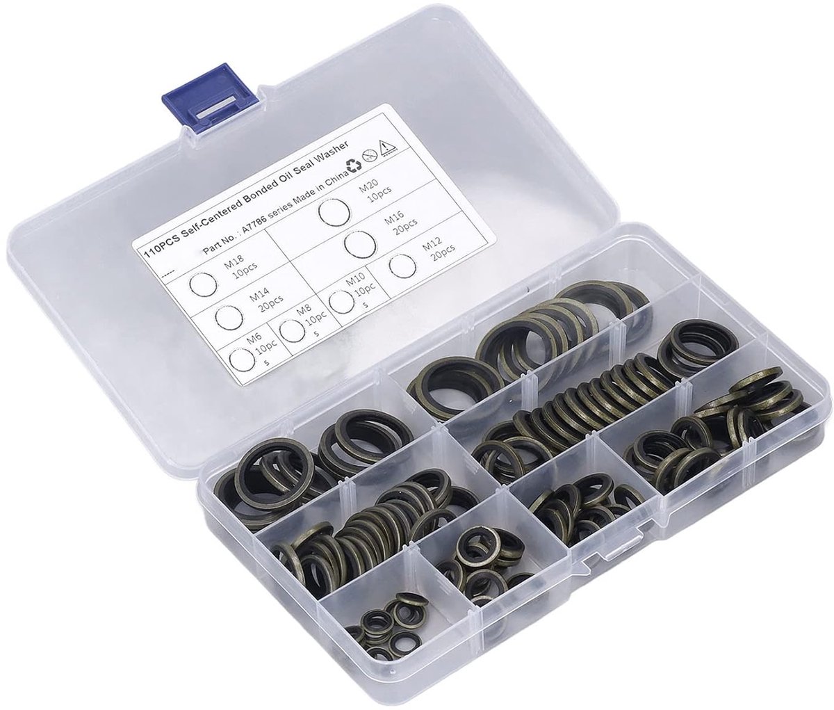 SnelShoppen - Metal Rubber Olieafdichtring Set, 110 Stuks, M6 M8 M10 M12 M14 M18 M20, Hoge Temperatuur Weerstand, Opbergdoos