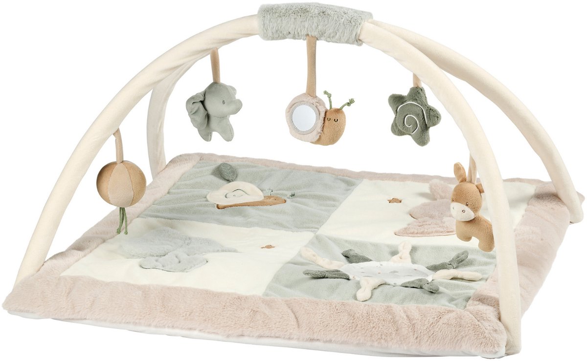 Nattou LouLou Speelmat Baby met Ronde Bogen - 80 x 80 cm - Activiteiten Speelkleed Baby - Baby Speelgoed - Groen - Beige - Ecru