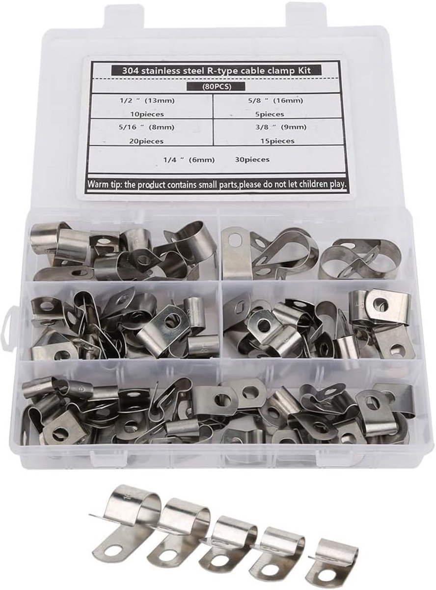 SnelShoppen - R Type Clips 80 Stuks R Clips Kabelklemset Roestvrij Staal 304 - 6.16mm Kabelclips voor Buiten - Duurzaam en Weerbestendig