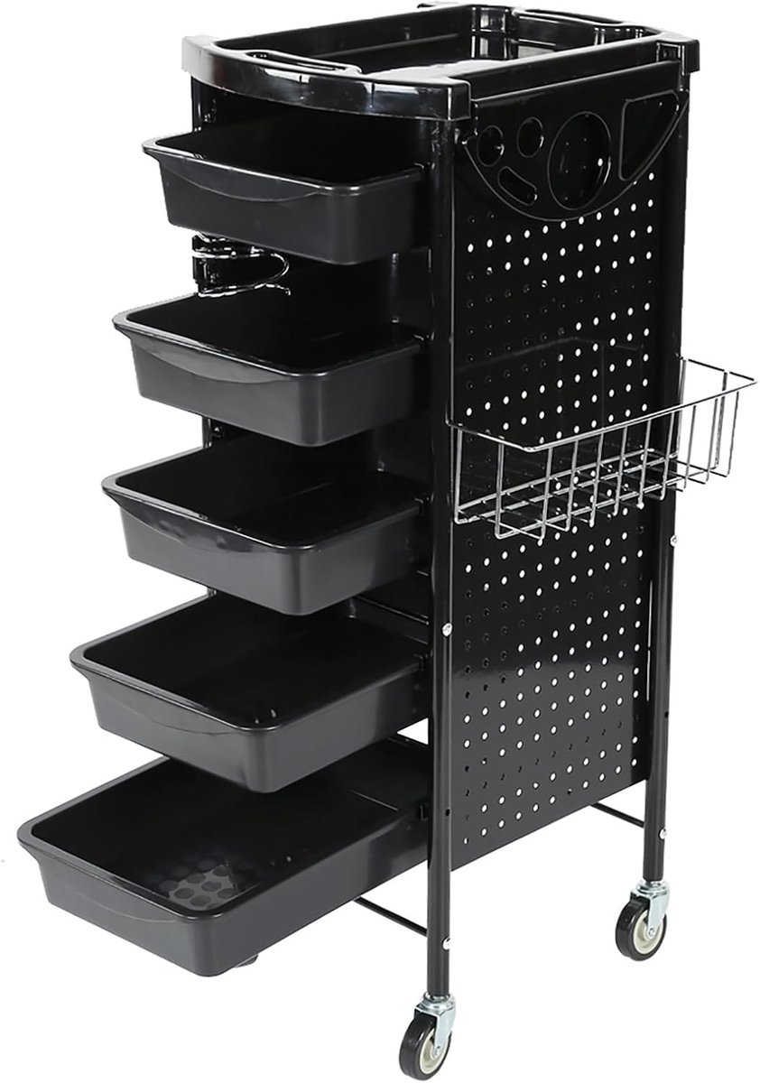 SnelShoppen - Salon Trolley Kar op Wielen Verstelbare Hoogte 6 Laags Kappers Trolley Zwart IJzeren Pijp Spuitverf Opslag Rek Geschikt voor Thuis en Sa