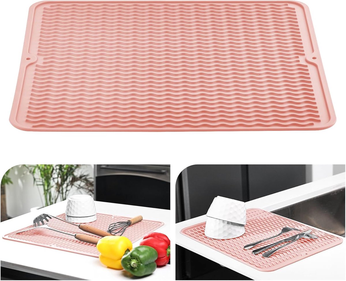 SnelShoppen - Silicone Afvoer Mat 40x45cm, Hittebestendige Antislip Drain Mat voor Keuken, Snelle Droogtijd, Bleek Roze, Ideaal voor Afwassen en Tafel