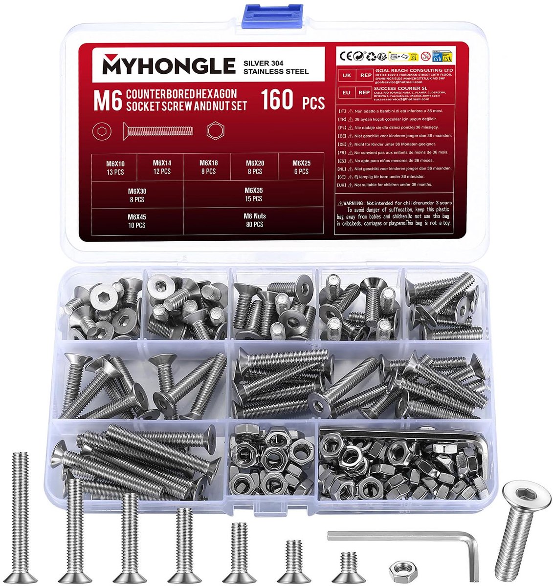 SnelShoppen - 160-delige M6 Schroef Set, Verzinkte Hoofdschoeven, Moeren Set, Zeskantschroeven, RVS Machine Schroeven, Assortiment Cilinderschroeven m