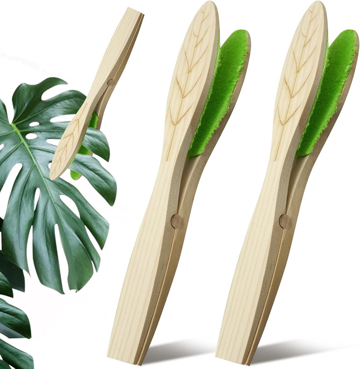 SnelShoppen - 2 Stuks Bladreiniging Toner voor Planten met Houten Handvat - Bladreinigingsborstel voor Binnen- en Buitenplanten - Groene Tuinaccessoir