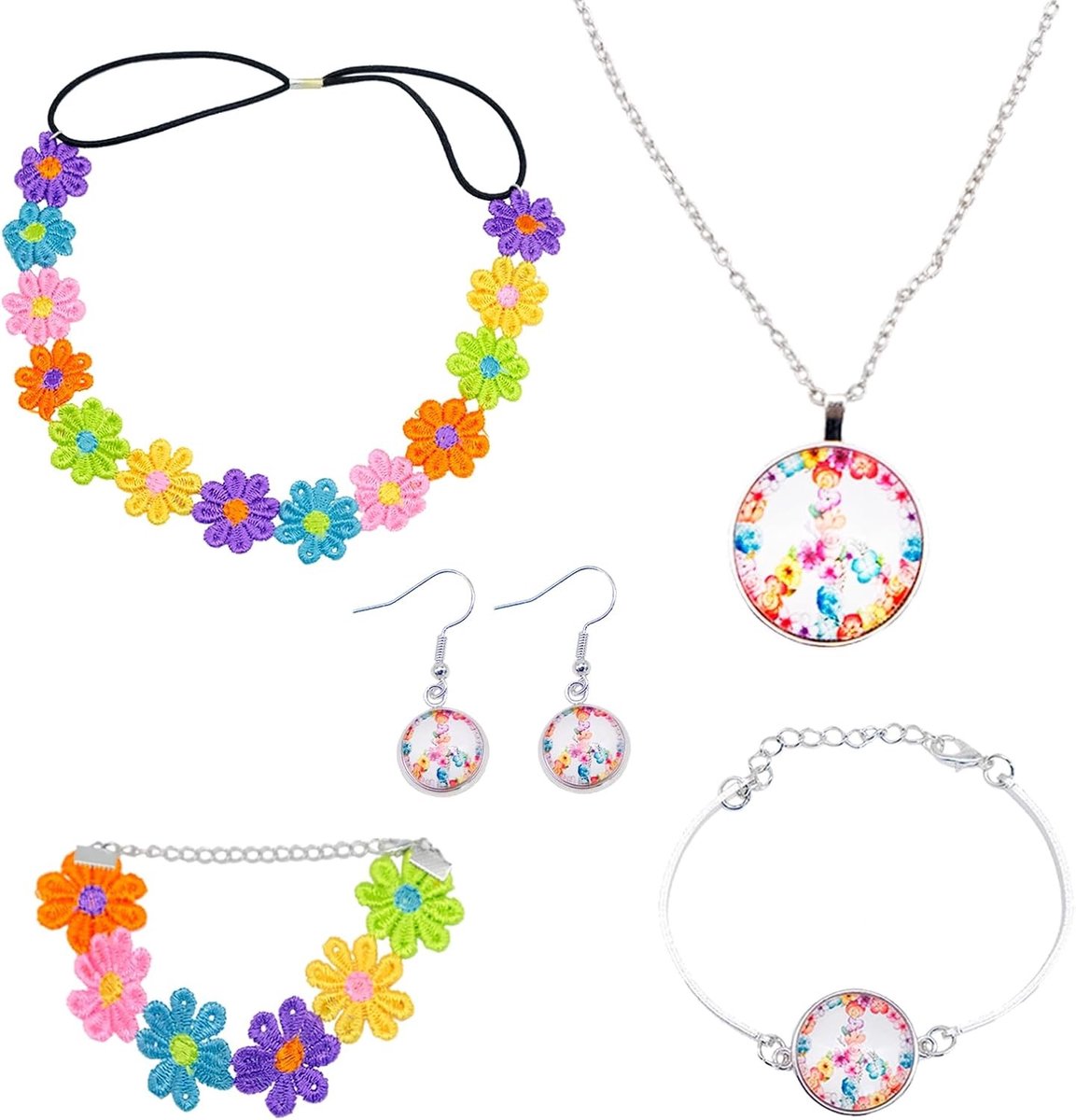 Hippie Kostuum Set met 5 Accessoires voor Vrouwen - Vredesteken Ketting, Oorbellen en Zonnebloem Armbanden voor een Retro Look