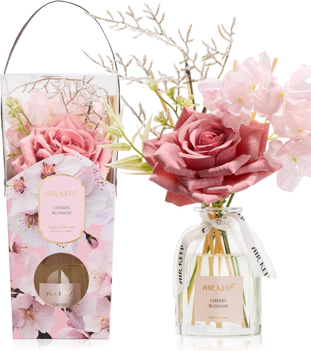 Fragrance Sticks Diffuser 120ml – Kersenbloesem Geur – Decoratieve Geurstokjes met Bloemen – Perfect Cadeau voor Vrouwen en Nieuwe Huizen – Stijlvolle Woondecoratie en Aromatherapie