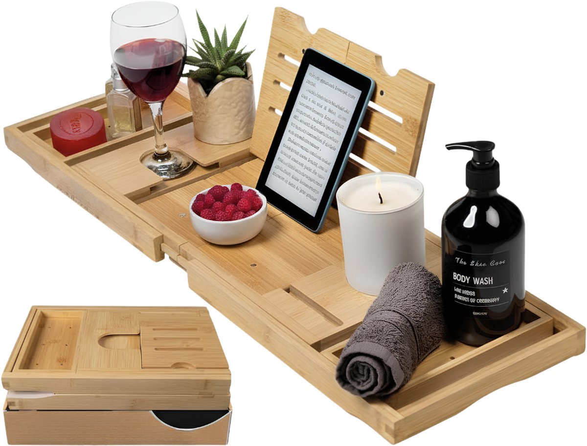 Lìon® Bamboe Badplank - Opvouwbaar Badrek - Houten Badplank met Uitschuiffunctie - Bruin - 36cm x 23cm x 8cm