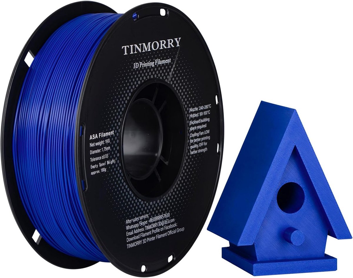 SnelShoppen - 3D Printer Filament ASA 1.75 mm Blauw, 1 kg UV- en Weerbestendig voor Buitentoepassingen, Hittebestendige Functionele Onderdelen