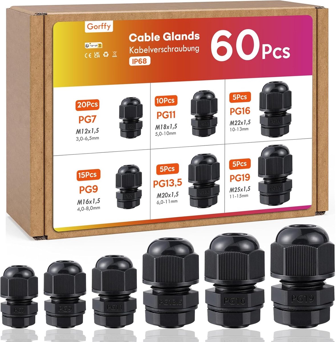 SnelShoppen - Kabeldoorvoeren Mixed Set 60 Stuks Lock Nut Waterdichte Gland Met Pakking PG7 PG9 PG11 PG13.5 PG16 PG19, 6 Types Plastic Nylon Kabelverb