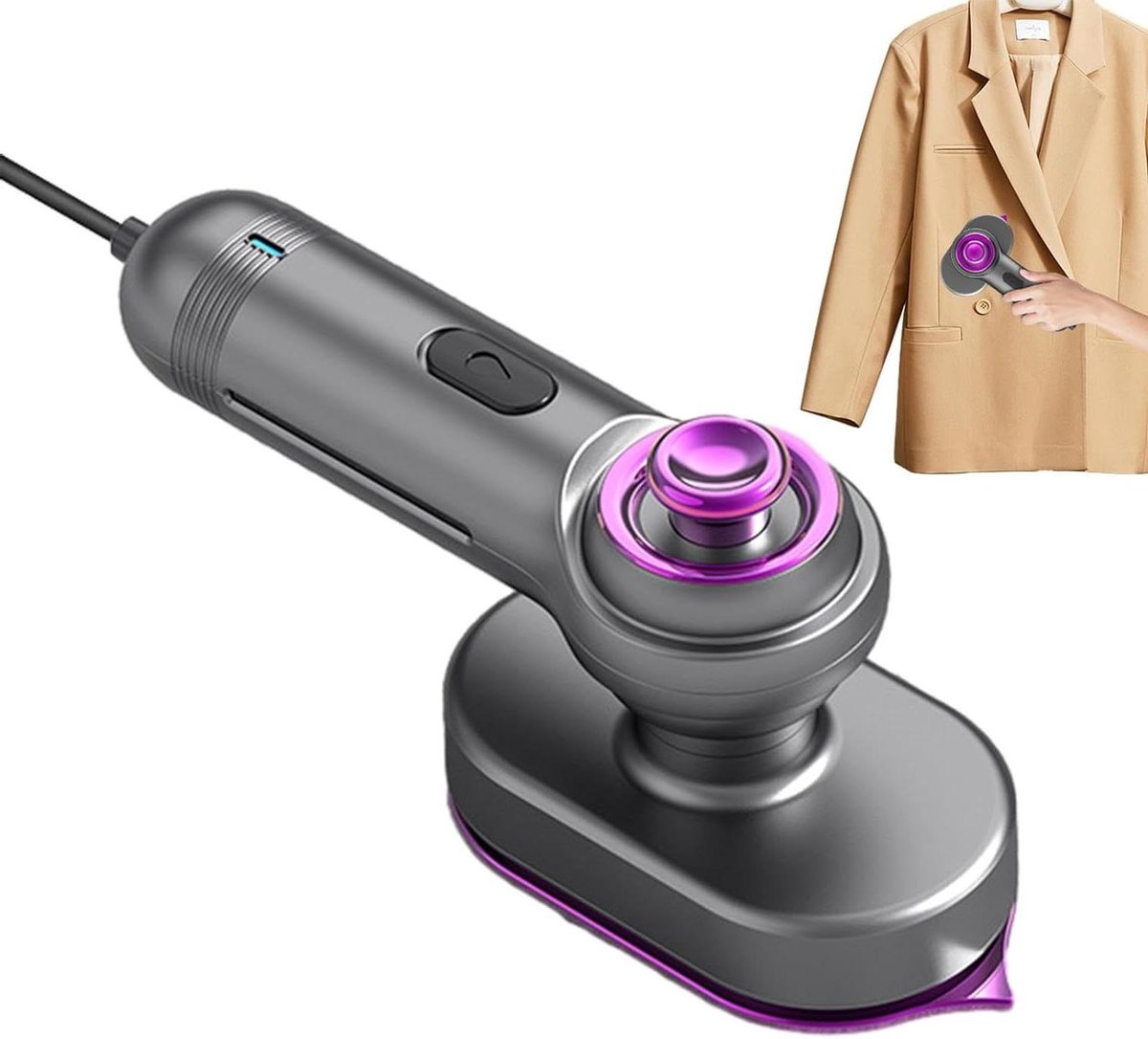 Reisstrijkijzer Stoomstrijkijzer - Kledingstomer Handstomer - Kreukvrij Maken - 90° Draaibare Handgreep - Compact Formaat - Grijs
