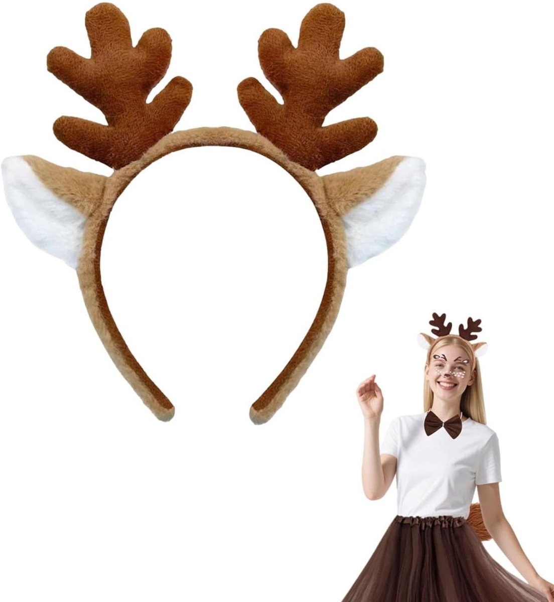 Verstelbare hoofdband met donkerbruin gewei - Realistische hertenoren voor kerst- en Halloween-kostuums, feestaccessoires en verkleedpartijen