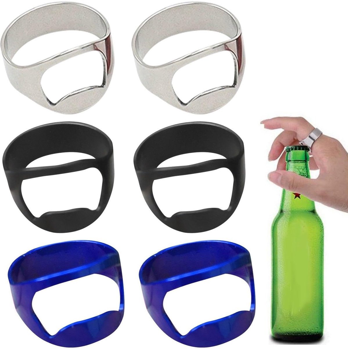 SnelShoppen - Flessenopener Ringen Set van 6 - Vinger Flessenopener van Roestvrij Staal - Zwart, Wit en Blauw - Ideaal voor Feest, Camping en Keuken