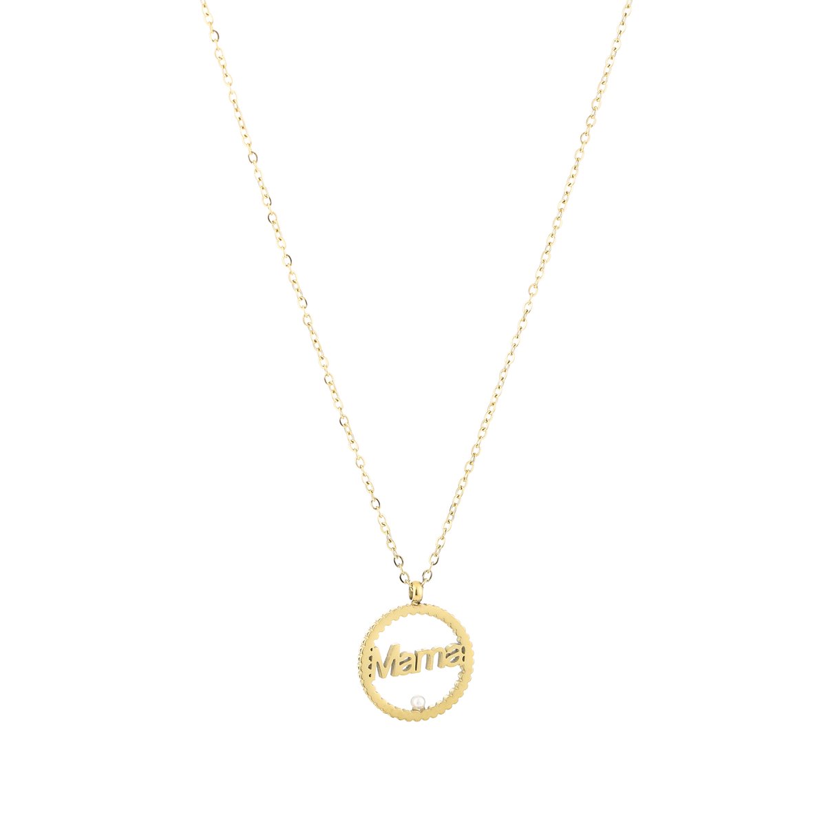 MAMA Ketting met Ronde Hanger & Pareltje - Roestvrij Staal (RVS) - Moederdag Ketting met 'Mama' Inscriptie - Schakelketting 40+5 cm - Sieraden Cadeau voor Moeder - Goud