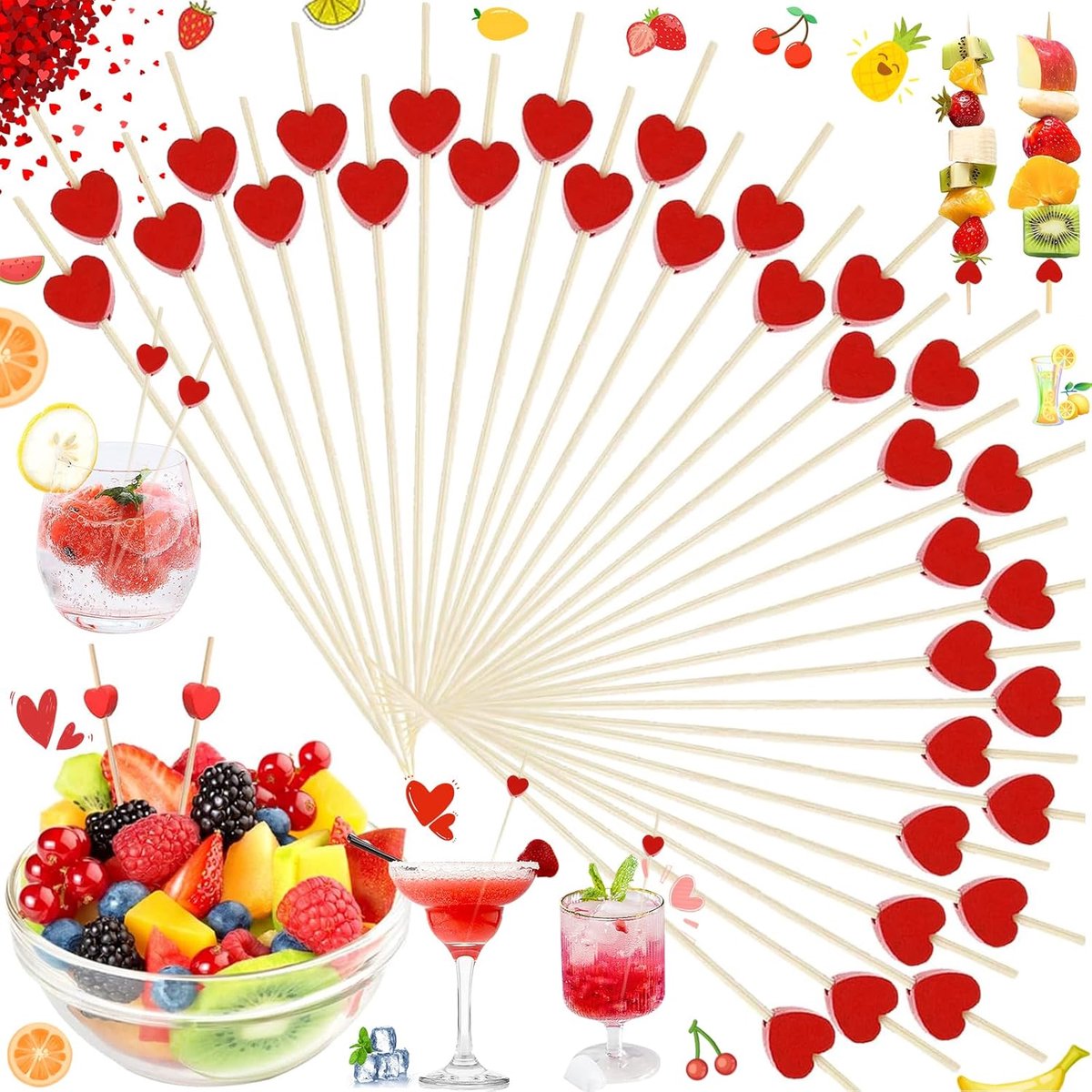 100pcs Wooden Cocktail Sticks, Red Heart Cocktail Skewers Wood Skewers Finger Food Party Picks 12cm for Grilled Food - ShopVlot
