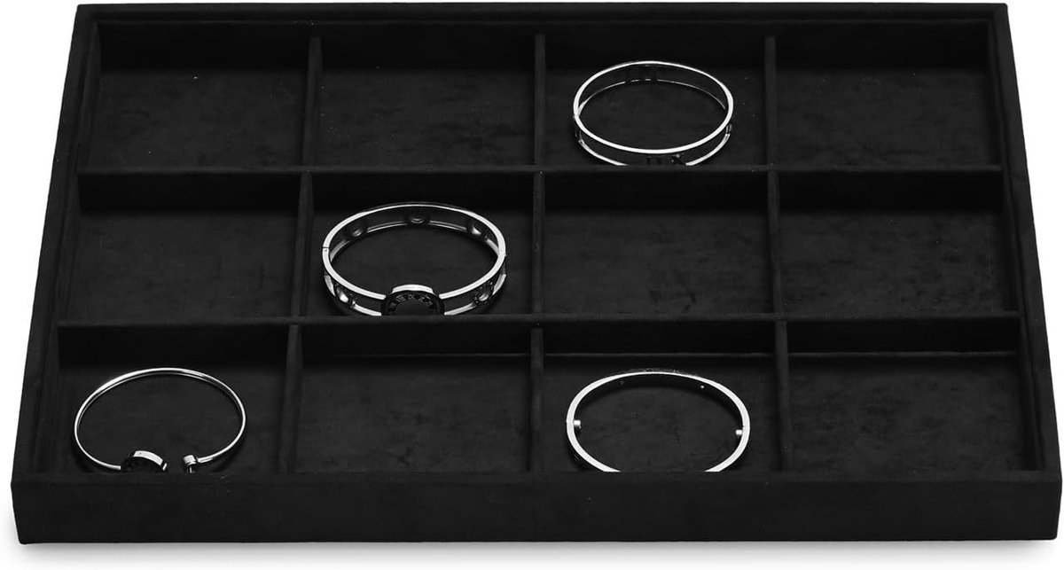SnelShoppen - Oirlv Zwarte Microfiber Sieraden Organizer met 12 Grids voor Oorbellen, Armbanden en Kettingen - 35x24x3.2 cm - Perfect voor Thuis of Re