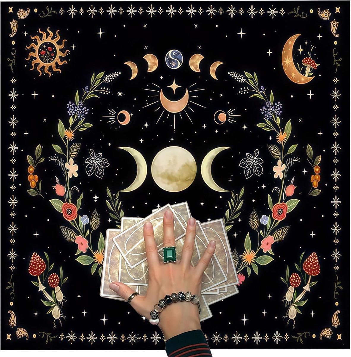 Tarot Cards Table Cloth 75 x 75 cm Black Tarot Pad Short Plush with Moon Phase Motif Spiritual Tablecloth for Card - ShopVlot