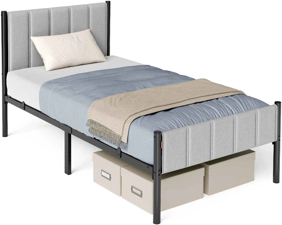 Lamor Eenpersoonsbed - Eenpersoonsbed 90x200 - Bed - Bedframe 90x200 - Gewatteerd - Tot 250 kg - 206,2 x 91,5 x 104 cm - Grijs