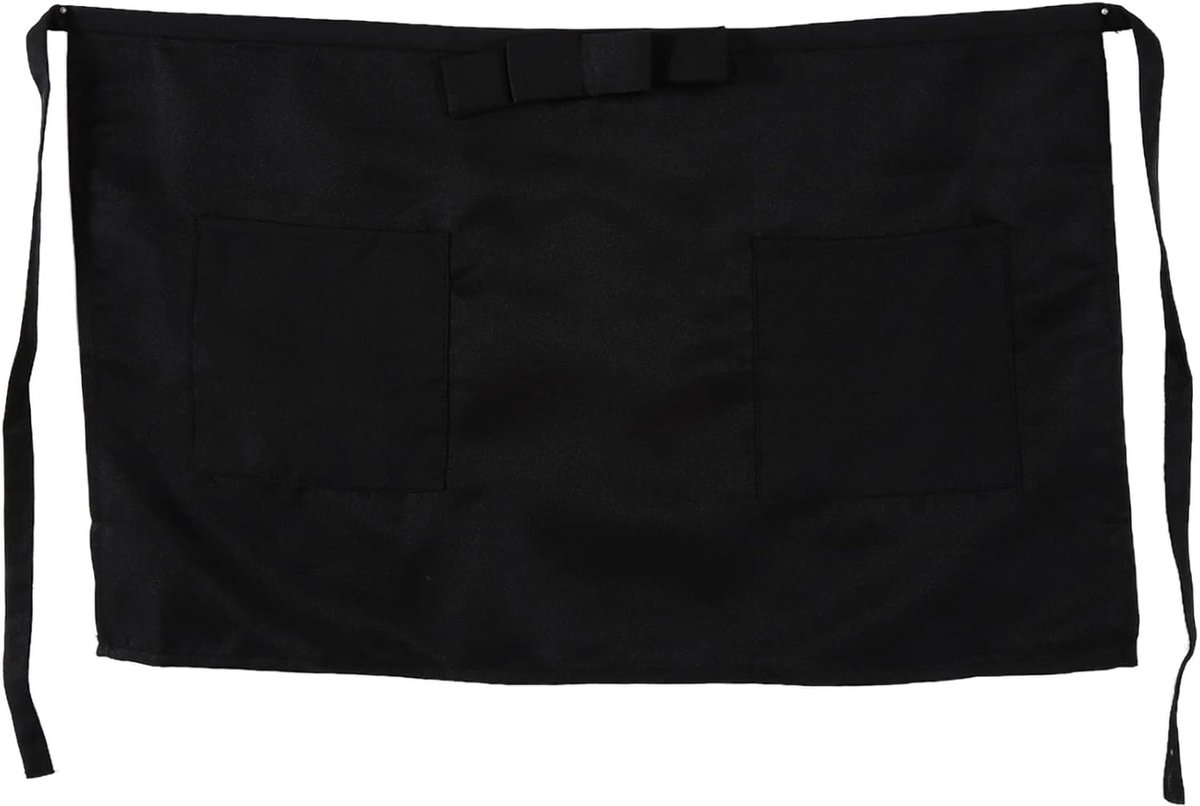 SnelShoppen - Korte Taille Schort met 2 Zakjes en Strik Unisex Keuken Schort voor Restaurant, Café, Bar - Zwart, Katoen en Polyester