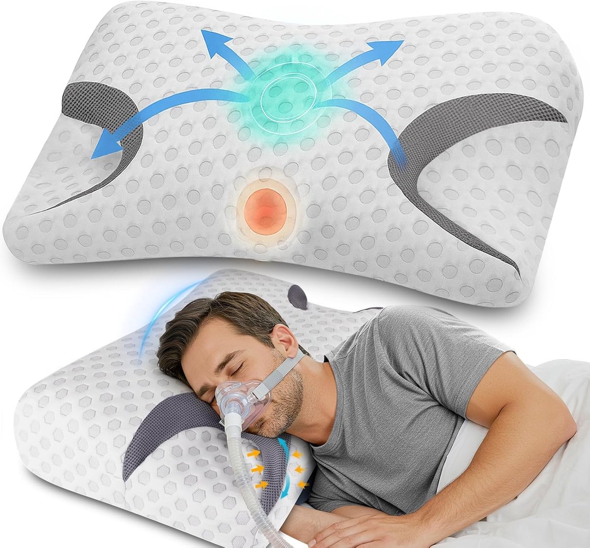 SnelShoppen - CPAP Kussen voor Zijslapers - Geheugenfoam Kussen met Uitsparingen voor CPAP Masker - Ondersteuning voor Zij-, Rug- en Buikslapers - Ver