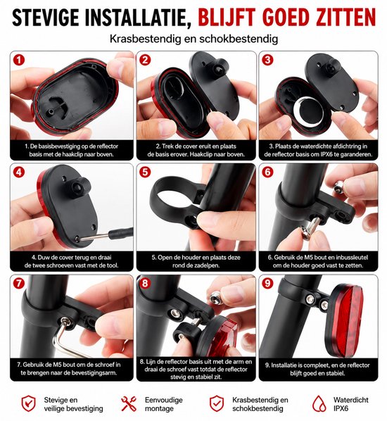 Instructies voor het stevig en waterdicht monteren van een fietsreflector met speciale tool.