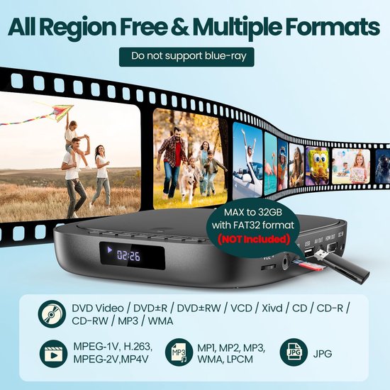 Dvd-speler voor tv - Regiovrije speler - Films kijken - Compact mini design - 15x16x3 cm - Zwart — afbeelding 3