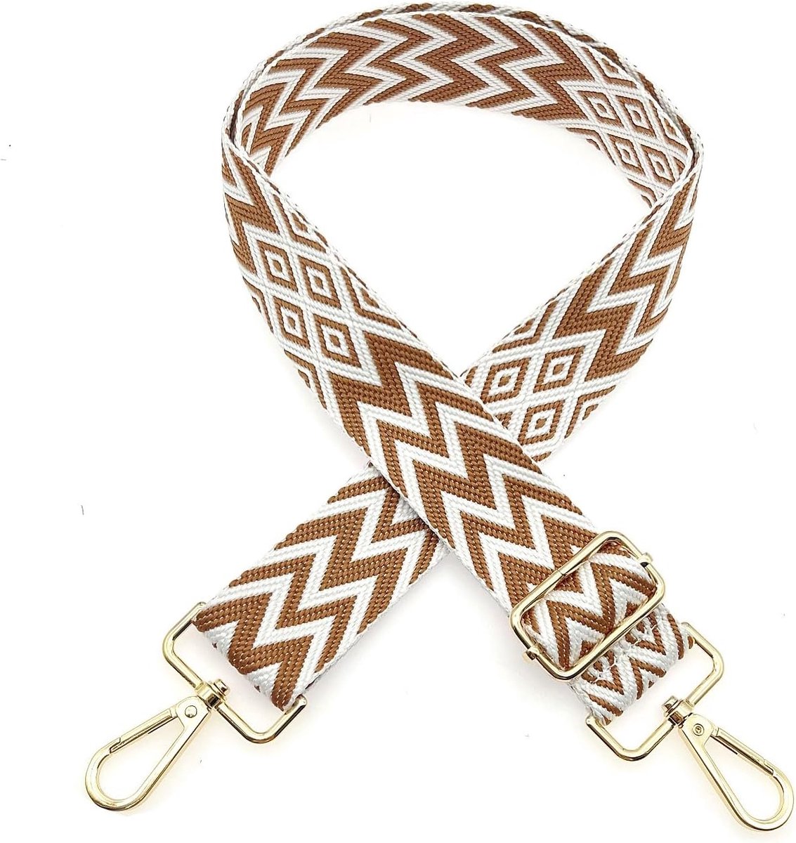 SnelShoppen - Bohemian stijl bruine-witte verstelbare brede tasband met clips voor handtas, schoudertas en crossbody tas vervanging
