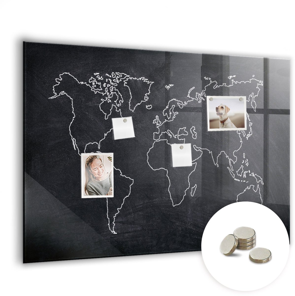 Coloray Glazen Magneetbord - Magnetisch Bord Wereldkaart landen - 100x70 cm - Zwart Magneetbord - Magnetic Board - Magneetbord Design