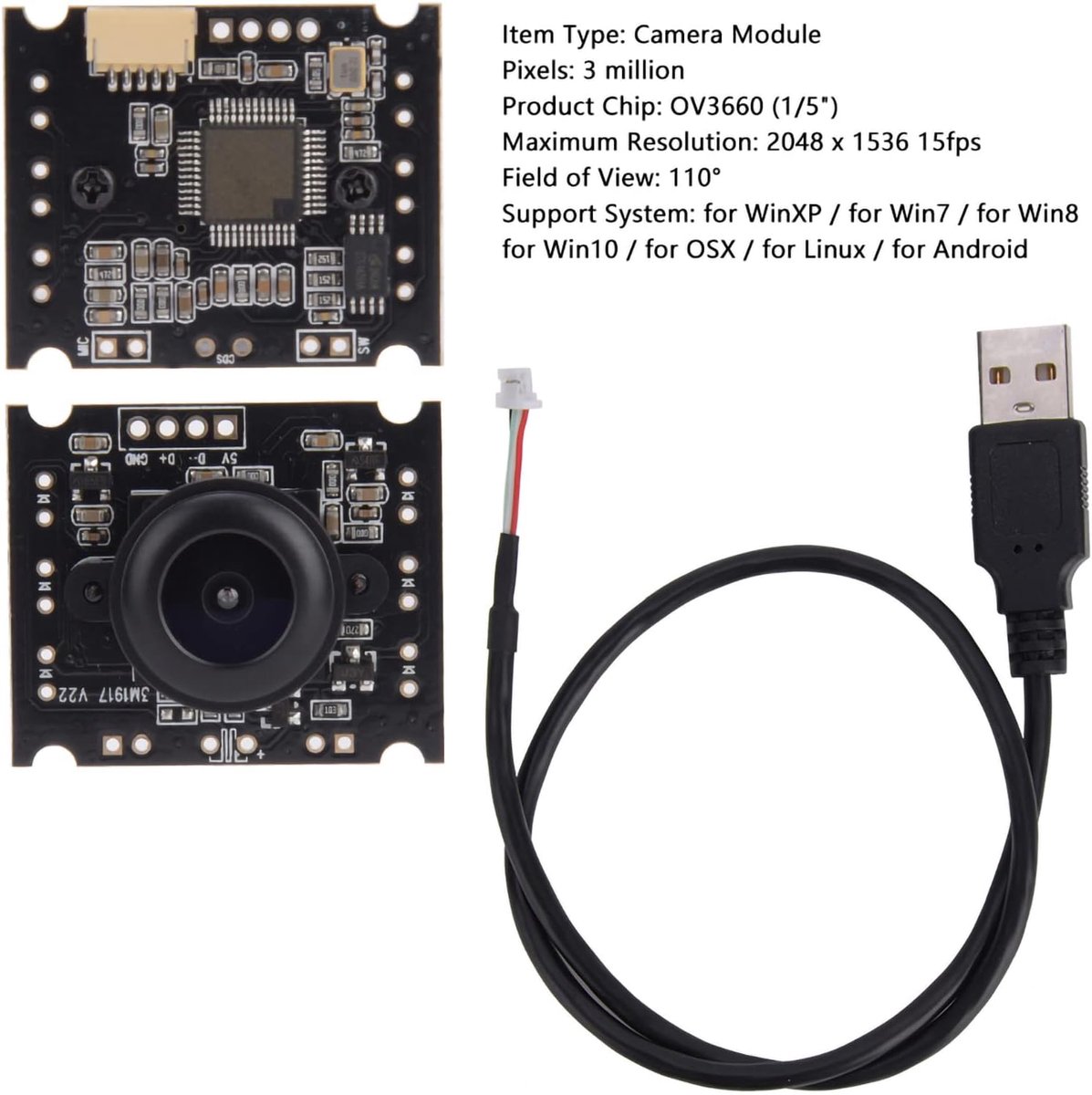 SnelShoppen - OV3660 USB2.0 Camera Module Webcam met 110° Groothoeklens, 15fps Hoog Frame, Vervangbare Lens, Ondersteunt Mobiele OTG