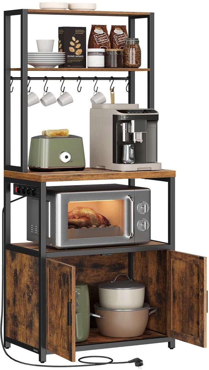 Brandistry - Keukenrek - Keukengaderobe - Koffiebar - Met Stopcontact - Magnetron Rek - Opbergkast - 8 Haken - 2 Planken