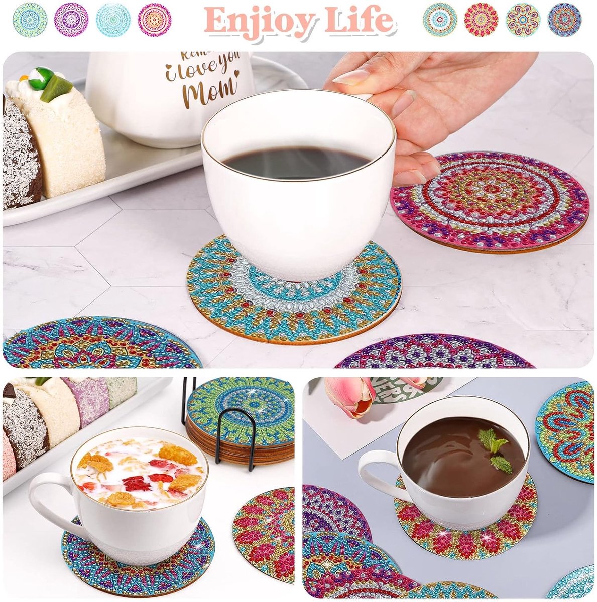 SnelShoppen - 10 Stuks Mandala Onderzetters met Houder - DIY Diamant Schilderen Coasters - Creatieve Kunst en Ambachten voor Volwassenen - Acrylaat me