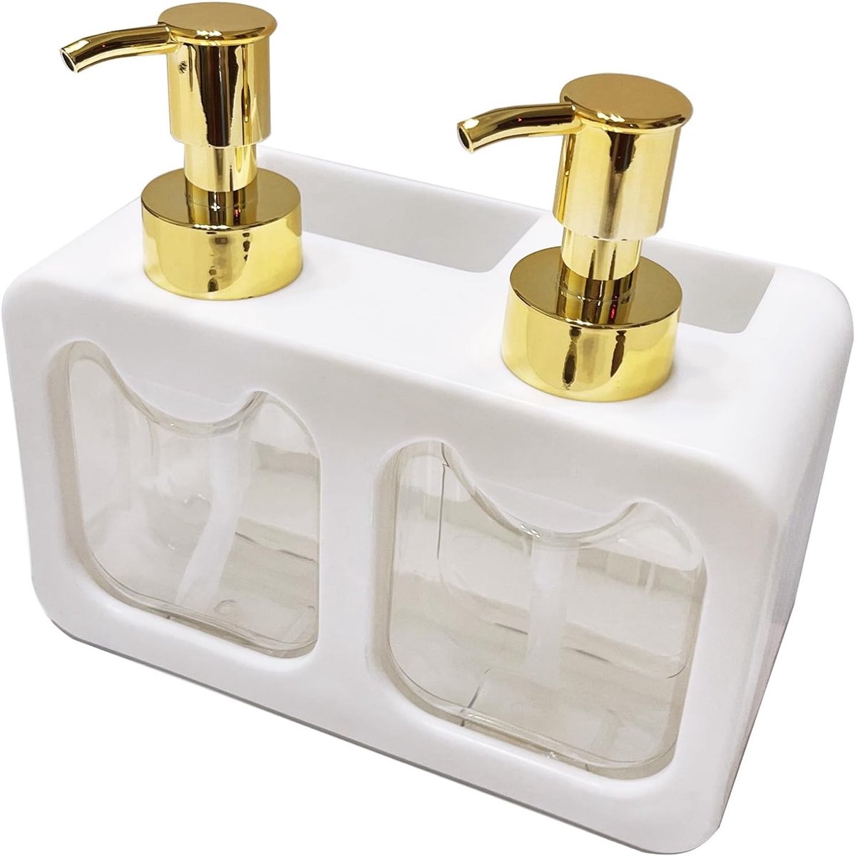 Dubbele Zeepdispenser voor Vloeibare Hand- en Afwaszeep met Sponshouder en Borstelhouder - Keuken Organizer (Wit)