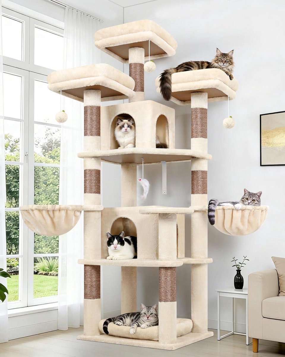 Krabpaal Beige - Kattenboom met Manden - Spelen en Rusten - Stabiel Kantelveilig - 174 cm Hoog - Beige