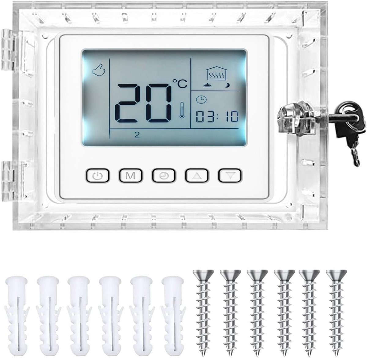 SnelShoppen - Thermostaat Lock Box Met Sleutel - Transparante Kunststof Beveiligingskast Voor Muur - Geschikt Voor Thermostaten Tot 16,5cm Hoog x 9,5c