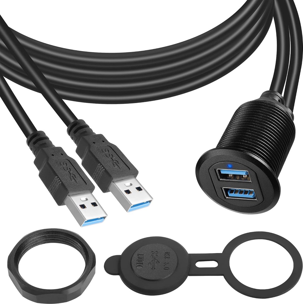 SnelShoppen - Dual USB 3.0 Kabel voor Auto, Boot, Motor - Waterdichte USB 3.0 Stekker, 2 Meter, LED Verlichting, Ideaal voor Dashboard, Geïntegreerde