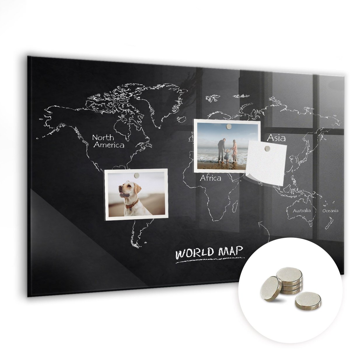 Coloray Glazen Magneetbord - Magnetisch Bord Wereldkaart landen - 60x40 cm - Zwart Magneetbord - Magnetic Board - Magneetbord Design