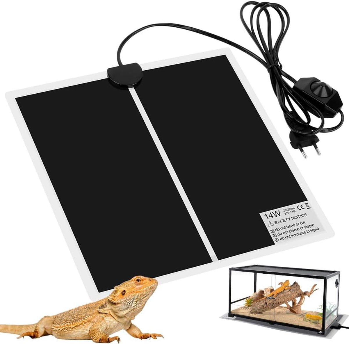 Verwarmingsmat, 14 W, terrarium, verwarmingsmat, 28 x 28 cm, warmtemat voor reptielen, schildpad, slangen, hagedis, gekko, spin