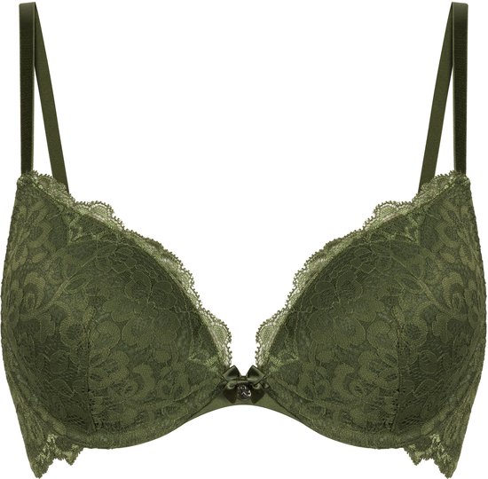 Soutien-gorge push-up vert en dentelle avec armatures et petit nœud au centre.