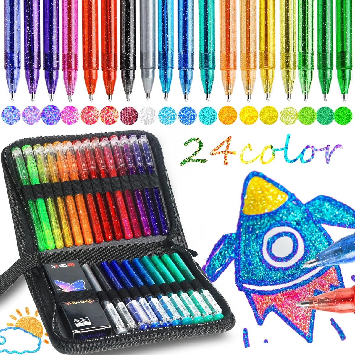 Gelpennen, 24 kleuren glittergelpennen met 24 glitterpennen, navullingen in canvas tas voor volwassenen, kleuring, boek, tekening, handwerk, scrapbooking, dagboek