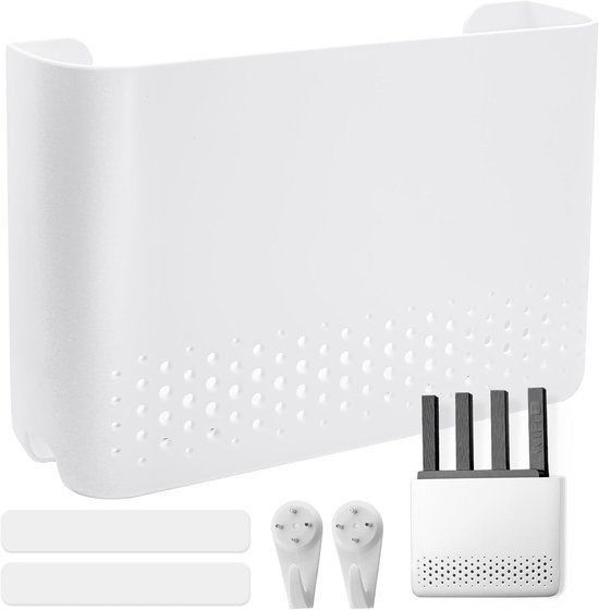 Witte routerkast met ventilatiegaten, inclusief twee niet-markerende spijkers en plakstrips.