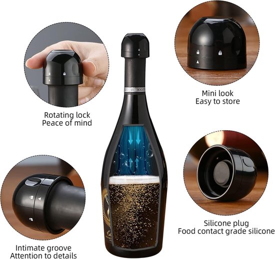 Herbruikbare wijnflesstopper met vacuüm afsluiting, 4 stuks, voor verse champagne en wijnen — afbeelding 4