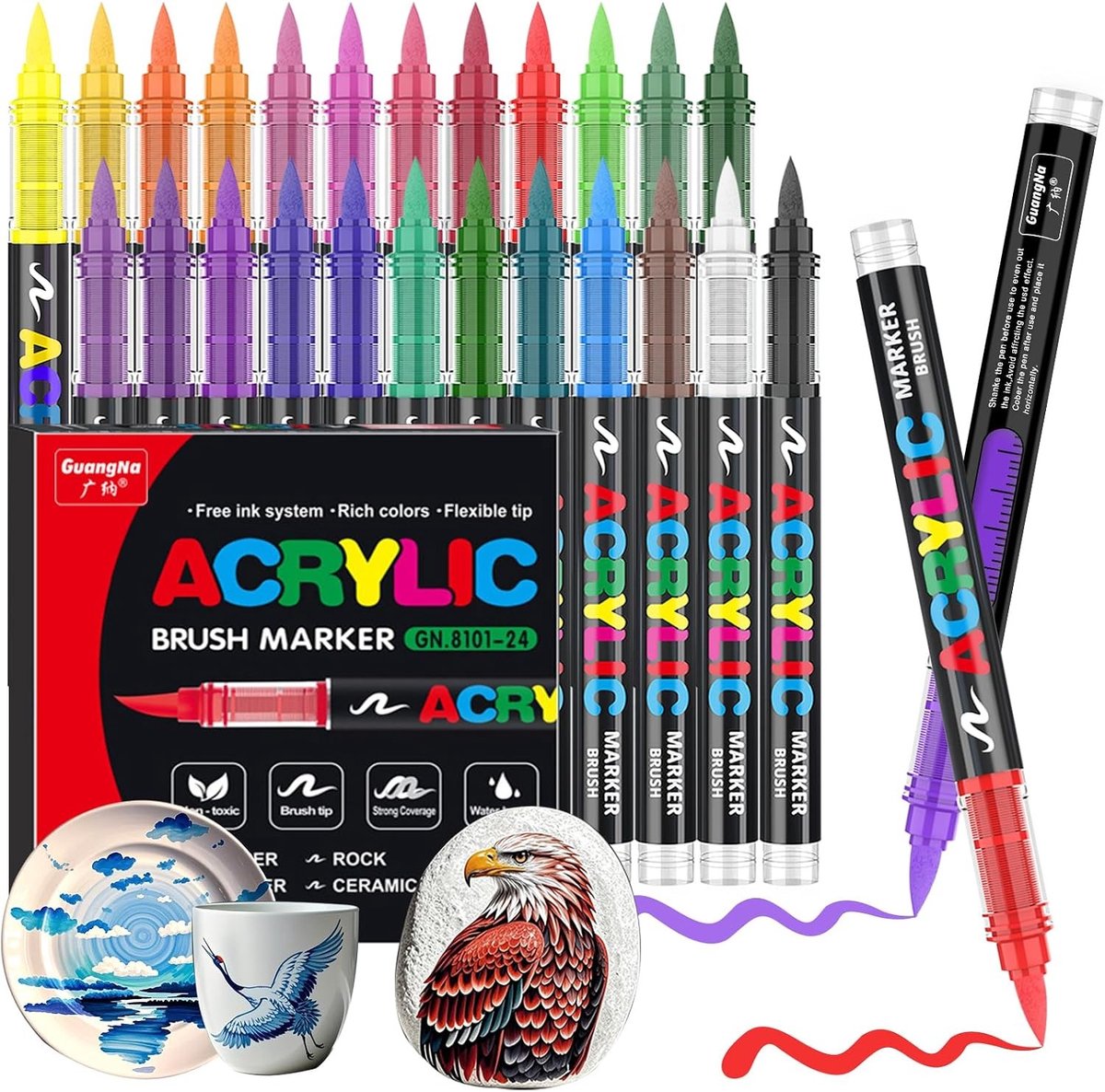 Acrylverfstiften - Multicolor - 24 Stuks - Vloeibare Acrylmarkers met Flexibele Penseelpunt - Voor Kunstenaars en Hobbyisten