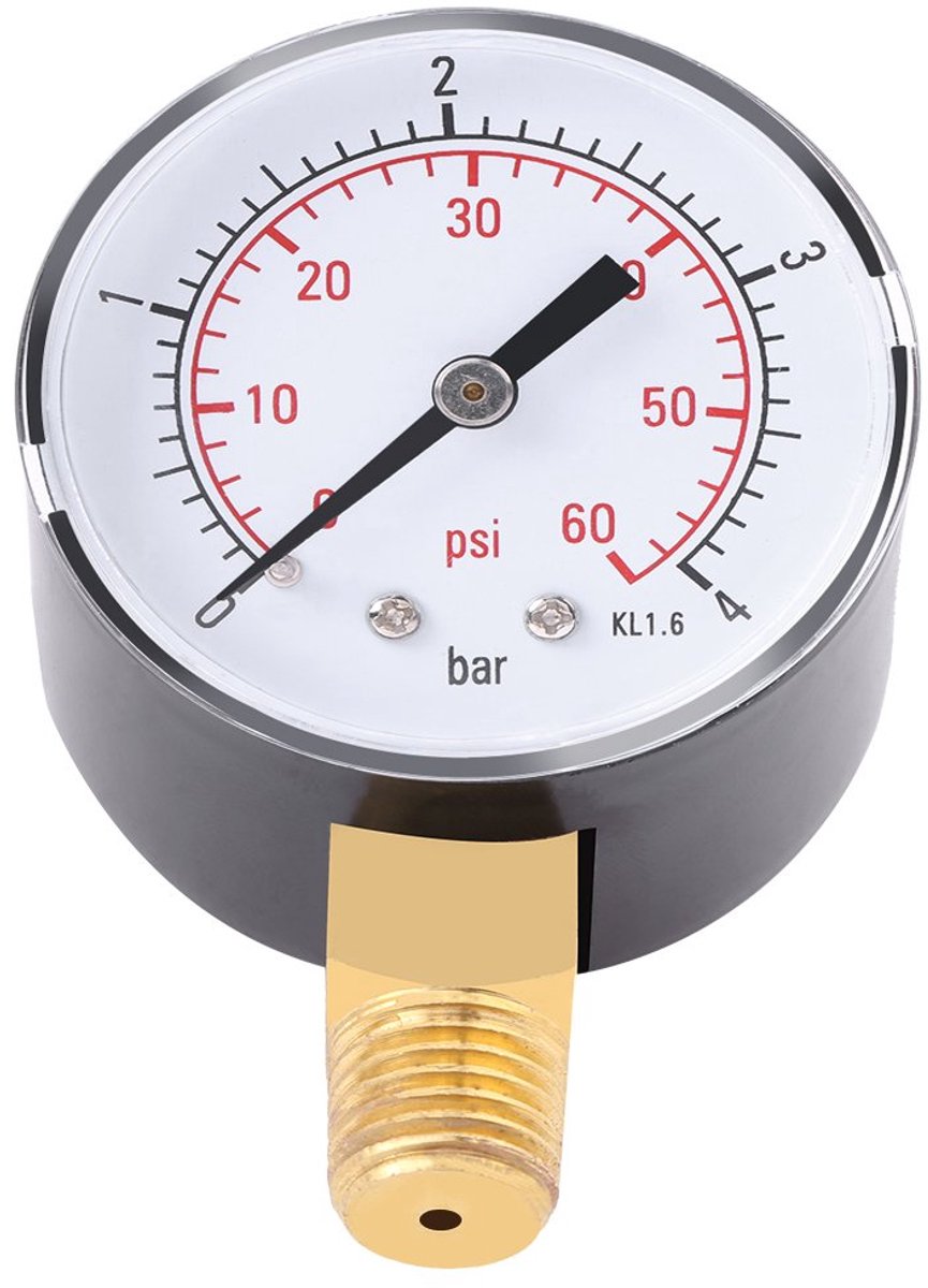 SnelShoppen - Manometer voor Brandbare Vloeistoffen en Water 0-4bar / 0-60psi NPT 1/4" NPT - Dubbele Schaal, Metalen Behuizing, Voor Lucht, Water, Bra