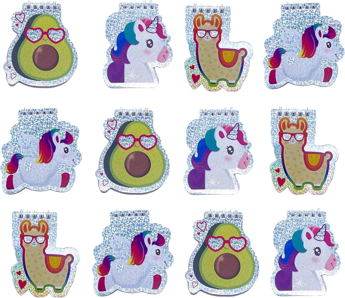 SnelShoppen - Pack van 12 Mini Notebooks - Mini Spiral Blocks - Notitieboekjes voor Kinderen - Unicorn, Llama, Avocado Design - Ideaal voor School, Fe
