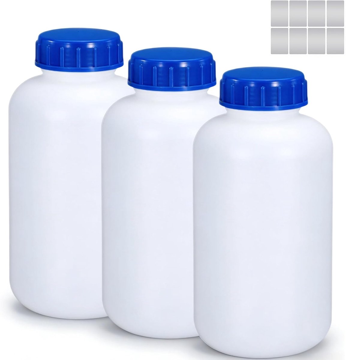 SnelShoppen - 3x 1000ml Brede Nek Fles Laboratorium Flessen met Etiketten, Kunststof Flessen met Schroefdop voor Laboratorium, Keuken en Hobby
