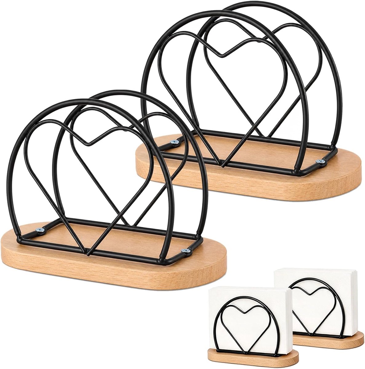 SnelShoppen - 2 Hartvormige Servethouders Zwart Metaal met Houten Basis, Modern Design voor Keuken, Eetkamer, Café en Restaurant, Servethouder voor Pa